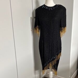 Vintage Silk Lori Ann Elegant Black and Gold Sequin Fringe Dress